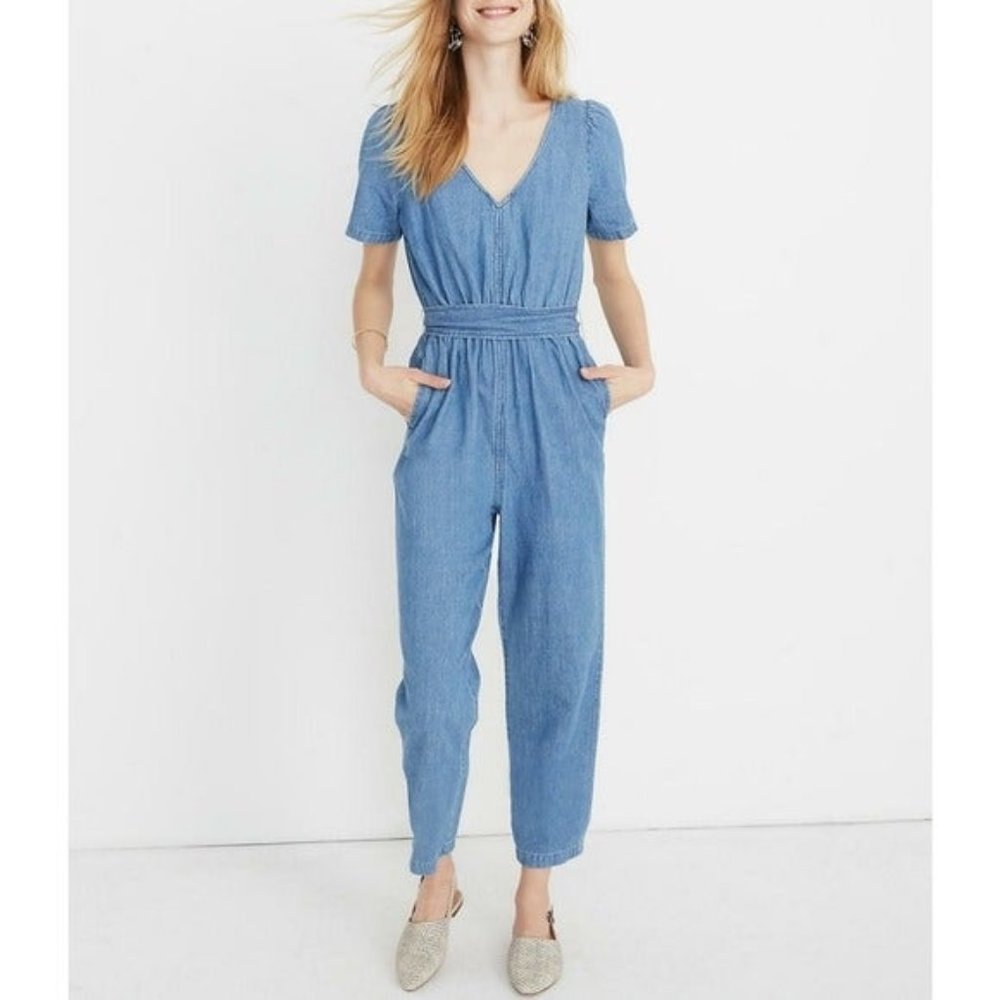 Madewell denim puff sleeve jumpsuit